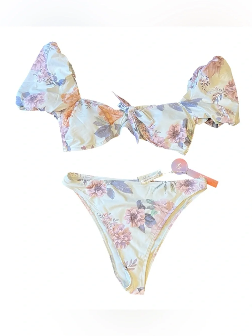 Cupshe XL Eden Floral Puff Sleeve Extra Cheeky High Waist Bikini Set NWT Swim